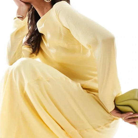 ASOS Yellow Mock Neck Bishop Sleeve Midi Dress - Picture 2 of 4